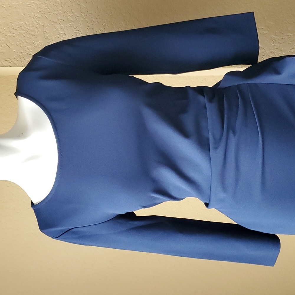 🆕️ MIUSOL Navy Blue Ruched ¾ Sleeve Cascade Ruffle Bodycon Dress SIZE: M - Picture 3 of 12